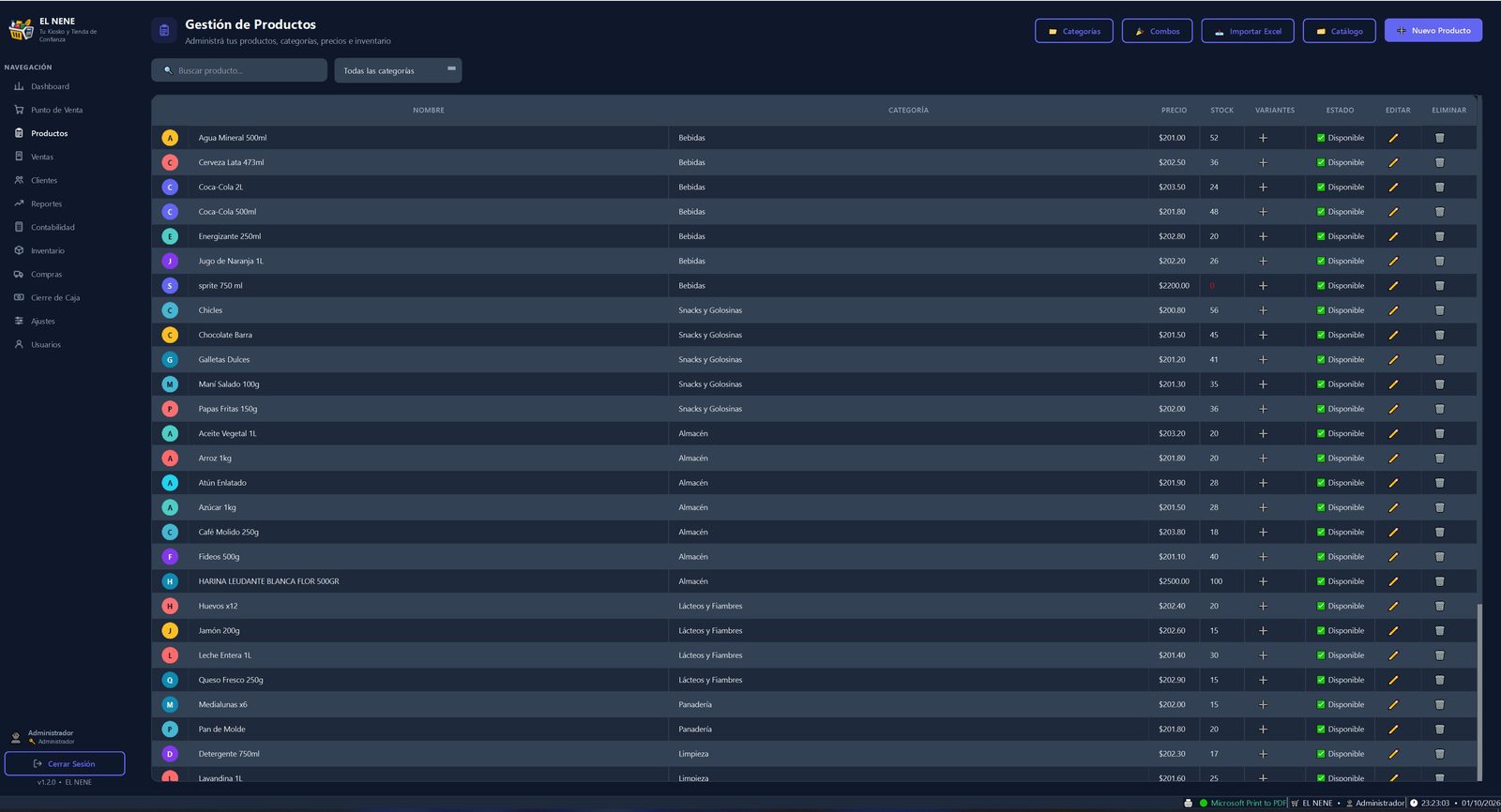 Pantalla de gestión de productos de NexoPOS